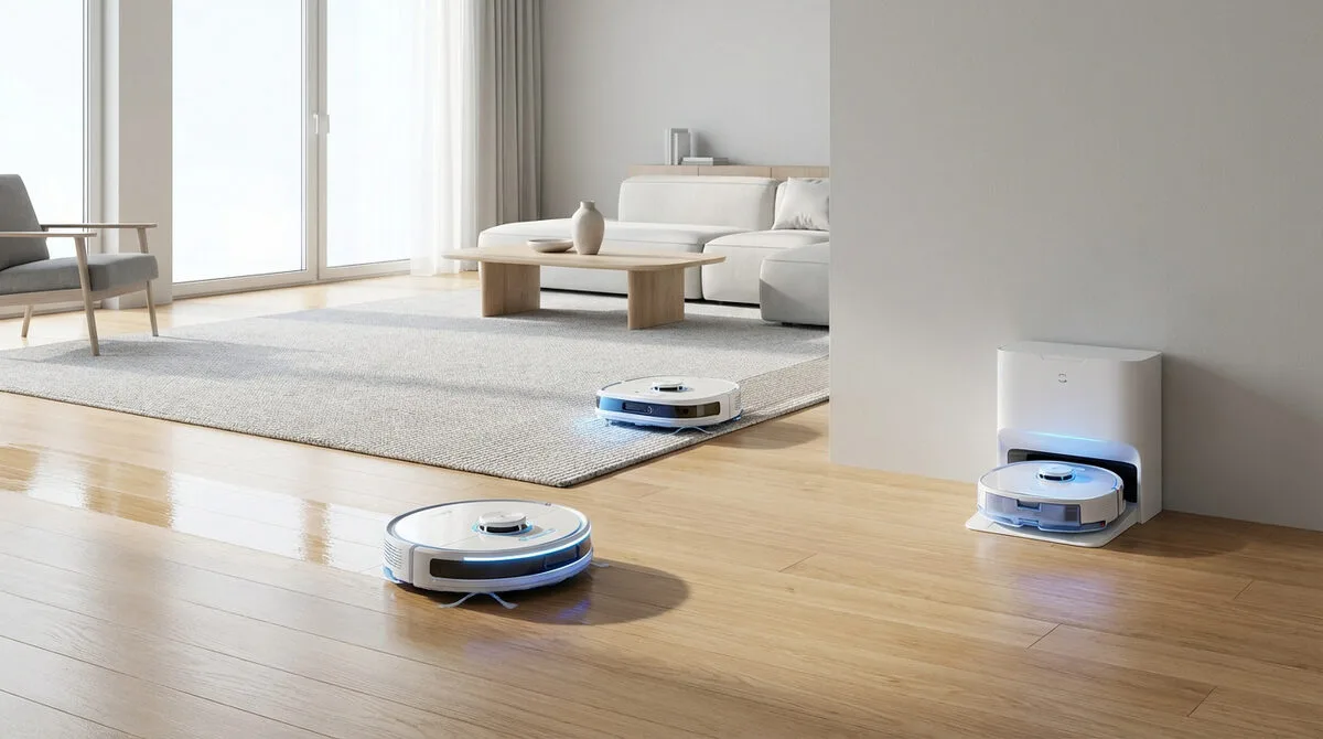 Vue d'un salon moderne et lumineux avec trois aspirateurs robots blancs : un nettoie le parquet, un autre le tapis, et le troisième est à sa station de recharge.