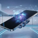 Main robotique tenant un smartphone Tesla Pi futuriste avec affichage cloud, satellites Starlink et un décor architectural moderne et éclairé.