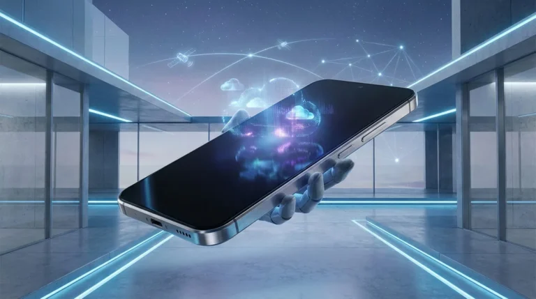 Main robotique tenant un smartphone Tesla Pi futuriste avec affichage cloud, satellites Starlink et un décor architectural moderne et éclairé.