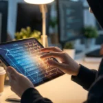 Personne en hoodie touche une tablette montrant code binaire, texte manuscrit et réseau lumineux, symbolisant l'humanisation de l'IA.