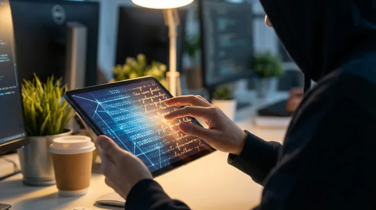 Personne en hoodie touche une tablette montrant code binaire, texte manuscrit et réseau lumineux, symbolisant l'humanisation de l'IA.