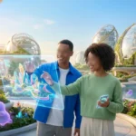 Deux personnes souriantes interagissent avec un écran AR dans un monde futuriste luxuriant, entourées de créatures violettes. Réalité augmentée.