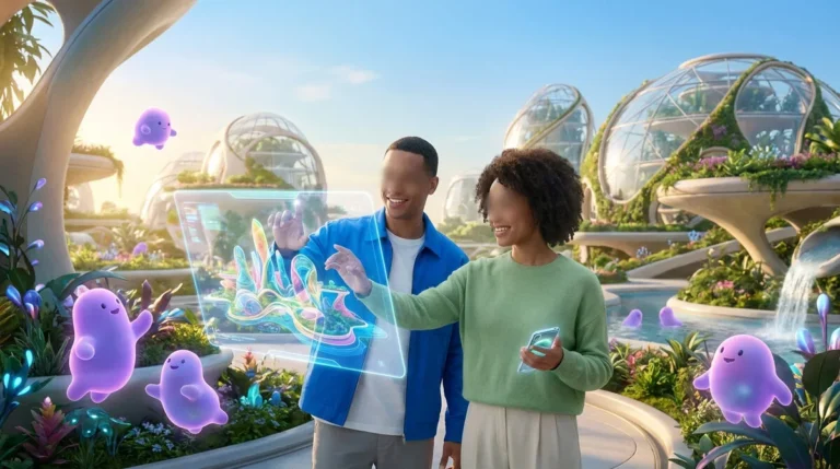 Deux personnes souriantes interagissent avec un écran AR dans un monde futuriste luxuriant, entourées de créatures violettes. Réalité augmentée.