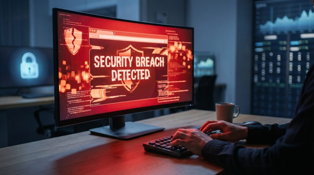 Un individu tape sur un clavier devant un écran affichant une alerte rouge "SECURITY BREACH DETECTED" et un bouclier brisé. Un cadenas lumineux est en arrière-plan.