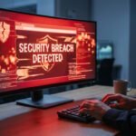 Un individu tape sur un clavier devant un écran affichant une alerte rouge "SECURITY BREACH DETECTED" et un bouclier brisé. Un cadenas lumineux est en arrière-plan.