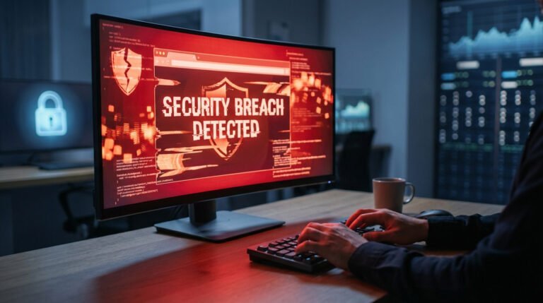 Un individu tape sur un clavier devant un écran affichant une alerte rouge "SECURITY BREACH DETECTED" et un bouclier brisé. Un cadenas lumineux est en arrière-plan.