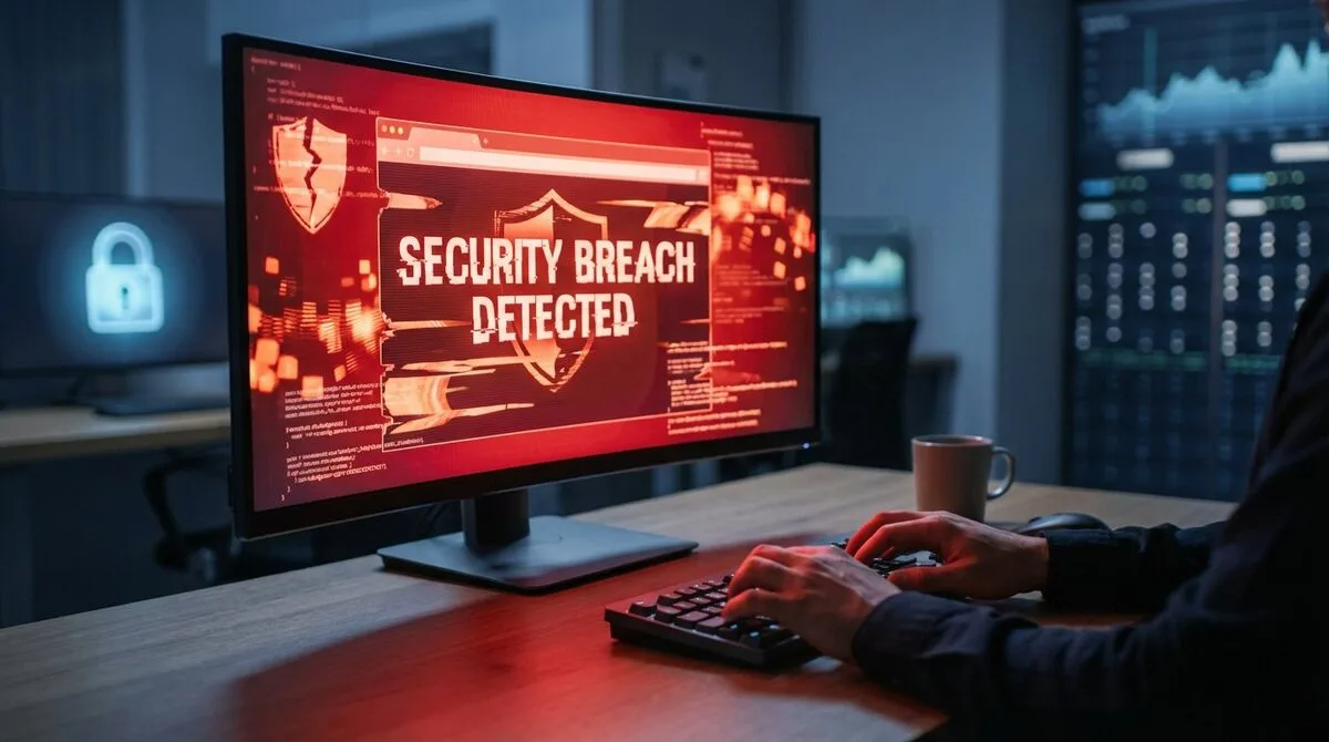 Un individu tape sur un clavier devant un écran affichant une alerte rouge "SECURITY BREACH DETECTED" et un bouclier brisé. Un cadenas lumineux est en arrière-plan.