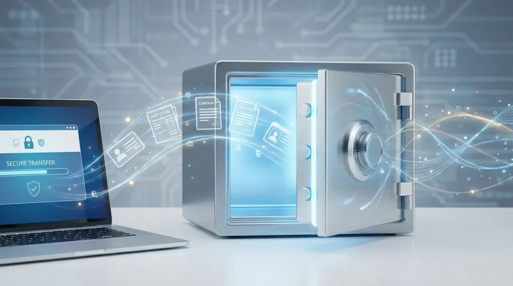 Ordinateur portable et coffre-fort numérique illustrant le transfert sécurisé de documents dématérialisés comme des contrats et fiches de paie.