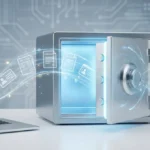 Ordinateur portable et coffre-fort numérique illustrant le transfert sécurisé de documents dématérialisés comme des contrats et fiches de paie.