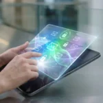 Mains interagissant avec un écran holographique affichant des icônes d'e-mail et de cadenas, symbolisant la sécurité numérique et la migration vers 2026.