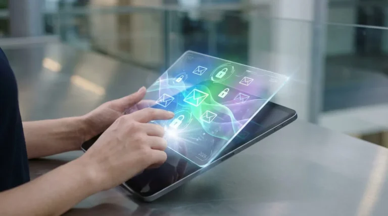 Mains interagissant avec un écran holographique affichant des icônes d'e-mail et de cadenas, symbolisant la sécurité numérique et la migration vers 2026.