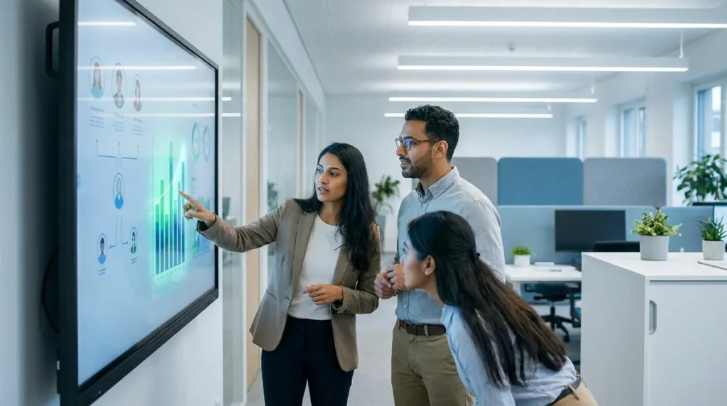 Trois professionnels analysent des graphiques et organigrammes RH sur un grand écran interactif dans un bureau moderne.