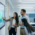 Trois professionnels analysent des graphiques et organigrammes RH sur un grand écran interactif dans un bureau moderne.