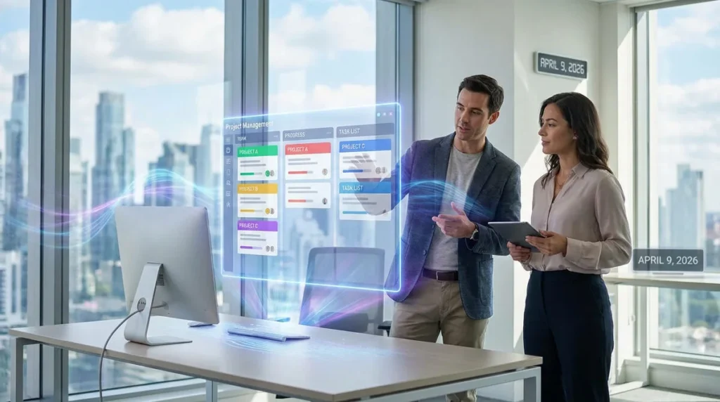 Deux professionnels en 2026 interagissent avec un tableau de bord holographique de gestion de projets, simulant Trello, dans un bureau moderne.