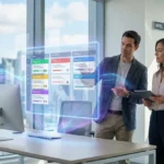 Deux professionnels en 2026 interagissent avec un tableau de bord holographique de gestion de projets, simulant Trello, dans un bureau moderne.