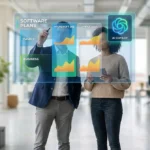 Deux professionnels examinent les plans Microsoft 365, Office 2024 et AI Copilot sur une interface holographique dans un bureau.