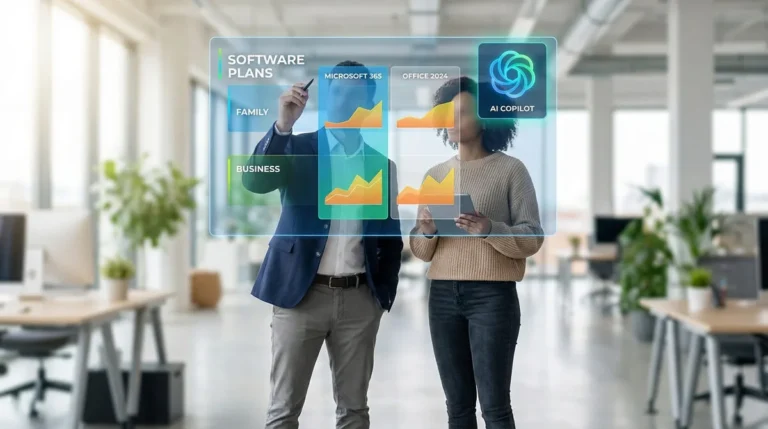 Deux professionnels examinent les plans Microsoft 365, Office 2024 et AI Copilot sur une interface holographique dans un bureau.