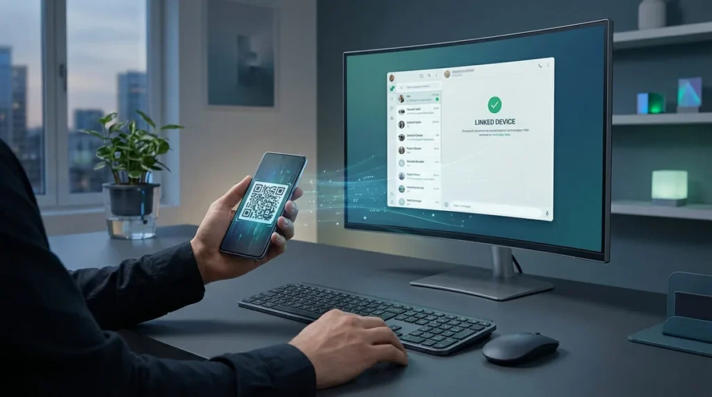 Une personne utilise son smartphone pour scanner un QR code et connecter WhatsApp Web à un moniteur d'ordinateur.