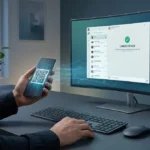 Une personne utilise son smartphone pour scanner un QR code et connecter WhatsApp Web à un moniteur d'ordinateur.