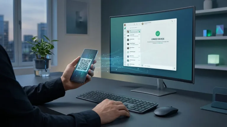 Une personne utilise son smartphone pour scanner un QR code et connecter WhatsApp Web à un moniteur d'ordinateur.