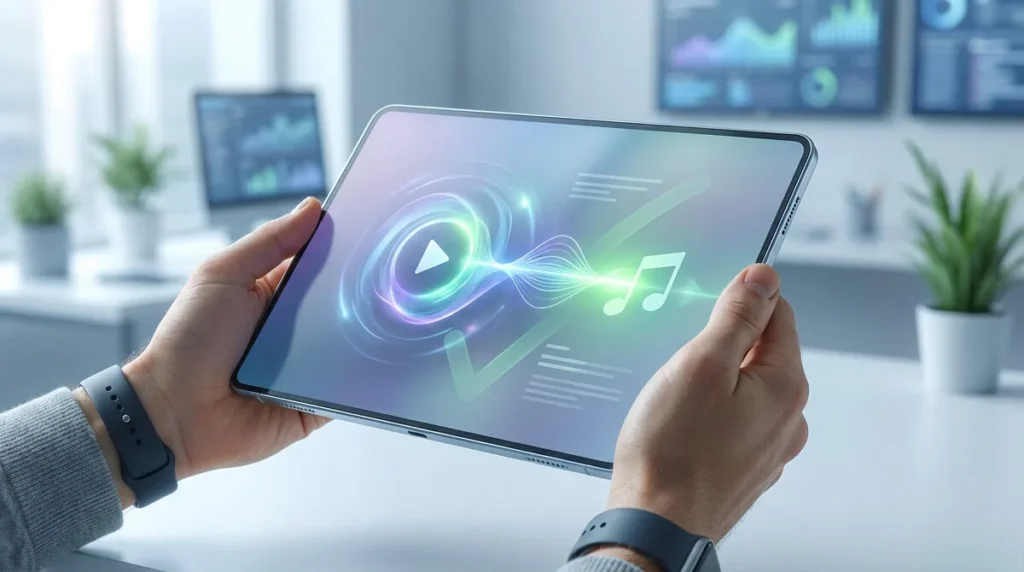 Mains tenant une tablette affichant des symboles de lecture, d'ondes sonores et de note de musique, signifiant la conversion YouTube en MP3, avec des marqueurs de validation.