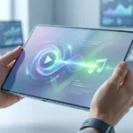 Mains tenant une tablette affichant des symboles de lecture, d'ondes sonores et de note de musique, signifiant la conversion YouTube en MP3, avec des marqueurs de validation.