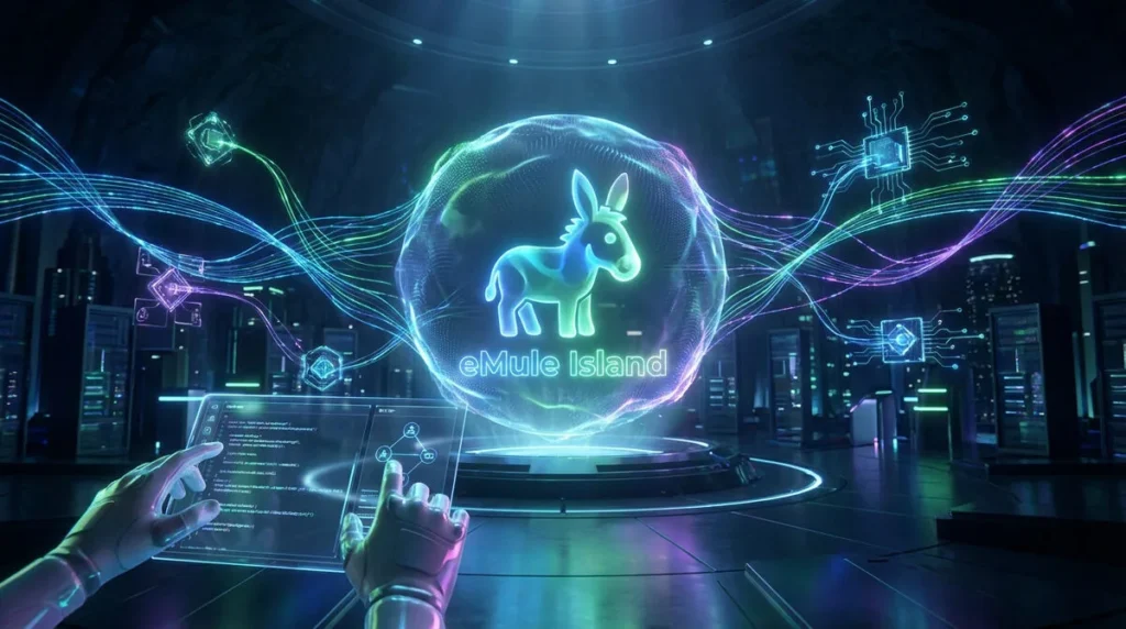 Vue futuriste d'eMule Island avec logo âne lumineux, mains sur tablette holographique et flux de données colorés en réseau.