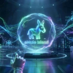 Vue futuriste d'eMule Island avec logo âne lumineux, mains sur tablette holographique et flux de données colorés en réseau.