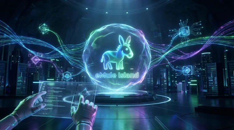 Vue futuriste d'eMule Island avec logo âne lumineux, mains sur tablette holographique et flux de données colorés en réseau.