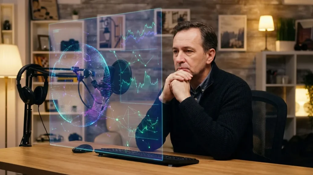 Homme pensif devant un écran holographique avec un globe et des graphiques. Micro et casque de streaming sur son bureau en bois, dans un bureau moderne.