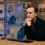 Homme pensif devant un écran holographique avec un globe et des graphiques. Micro et casque de streaming sur son bureau en bois, dans un bureau moderne.