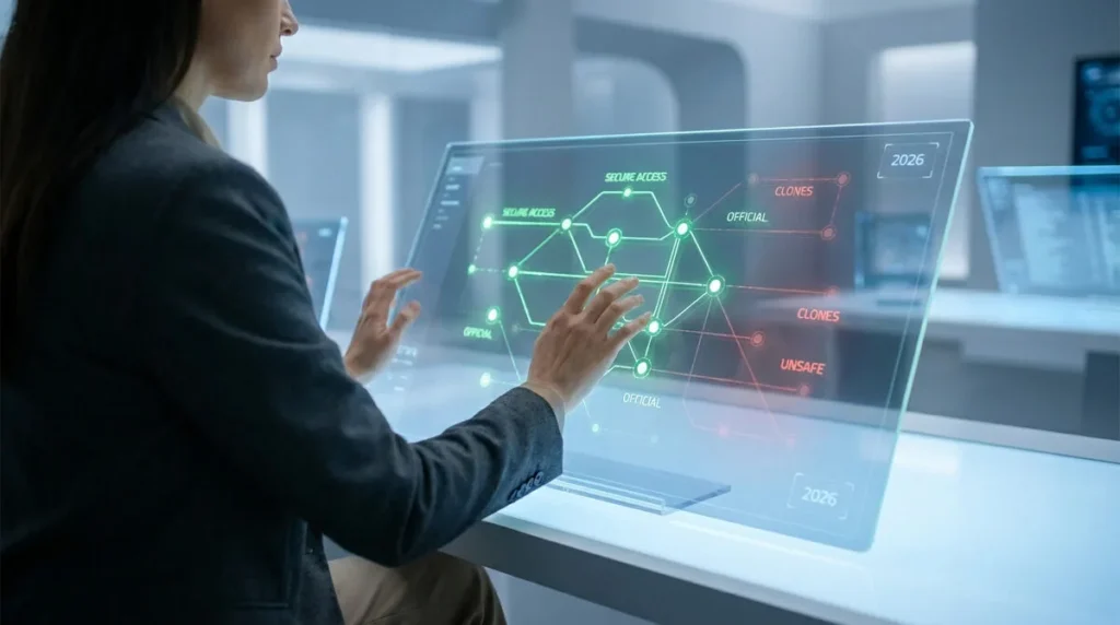 Une femme interagit avec un écran holographique affichant un réseau d'accès sécurisé et non sécurisé, avec l'année 2026.