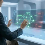 Une femme interagit avec un écran holographique affichant un réseau d'accès sécurisé et non sécurisé, avec l'année 2026.