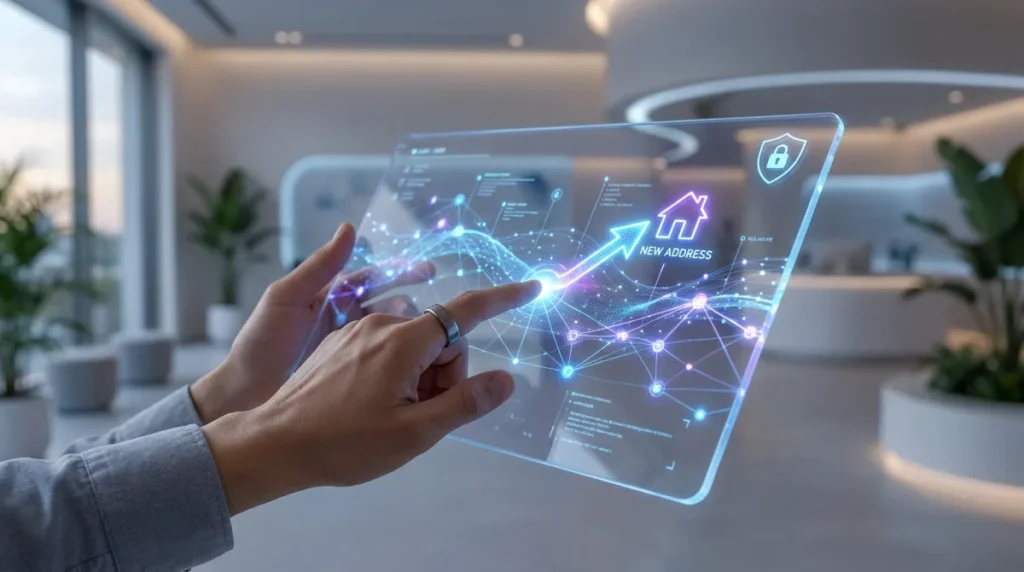 Mains interagissant avec une tablette transparente futuriste affichant un réseau lumineux, une maison et "NEW ADDRESS".