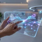 Mains interagissant avec une tablette transparente futuriste affichant un réseau lumineux, une maison et "NEW ADDRESS".