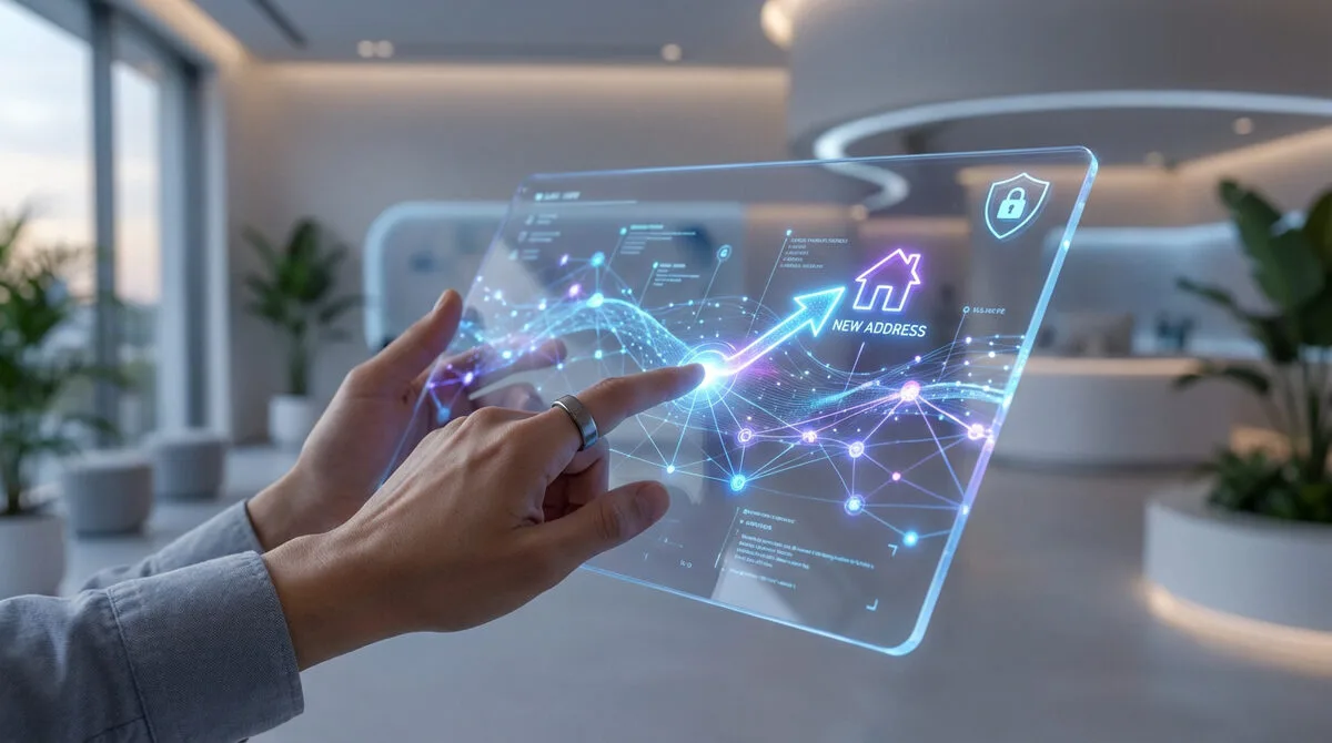 Mains interagissant avec une tablette transparente futuriste affichant un réseau lumineux, une maison et "NEW ADDRESS".