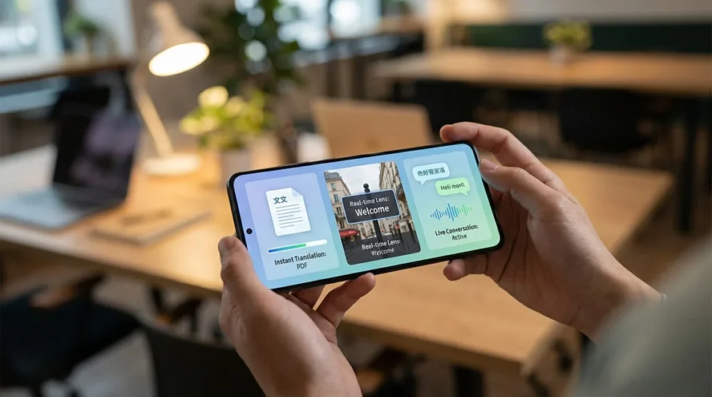 Mains tenant un smartphone affichant les fonctions de Google Traduction : traduction instantanée PDF, traduction en temps réel de texte via l'appareil photo et conversation en direct. Arrière-plan de bureau flou.