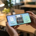 Mains tenant un smartphone affichant les fonctions de Google Traduction : traduction instantanée PDF, traduction en temps réel de texte via l'appareil photo et conversation en direct. Arrière-plan de bureau flou.