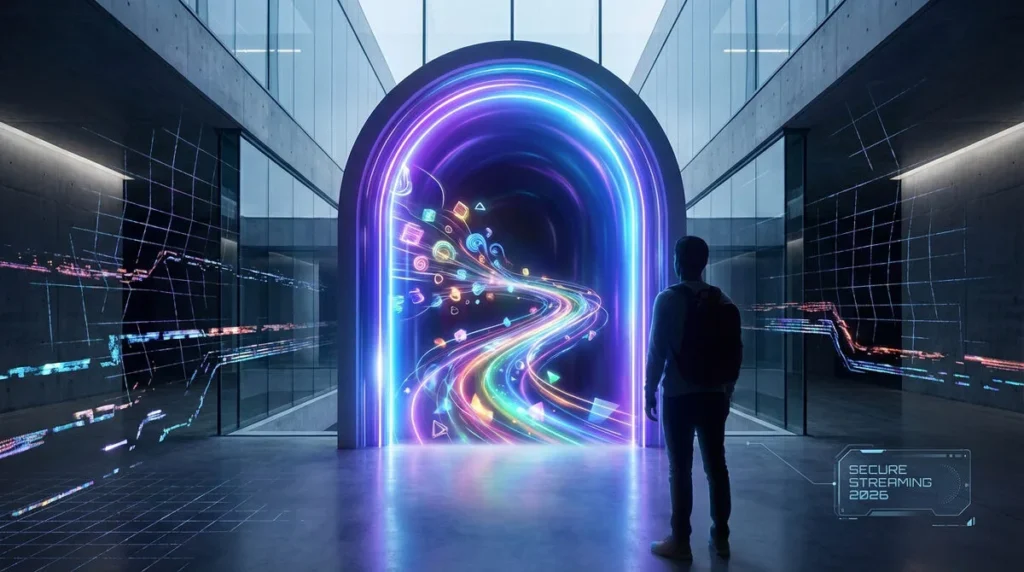 Silhouette devant un portail futuriste brillant de flux de données colorés. Le texte "SECURE STREAMING 2026" est affiché.