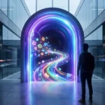 Silhouette devant un portail futuriste brillant de flux de données colorés. Le texte "SECURE STREAMING 2026" est affiché.