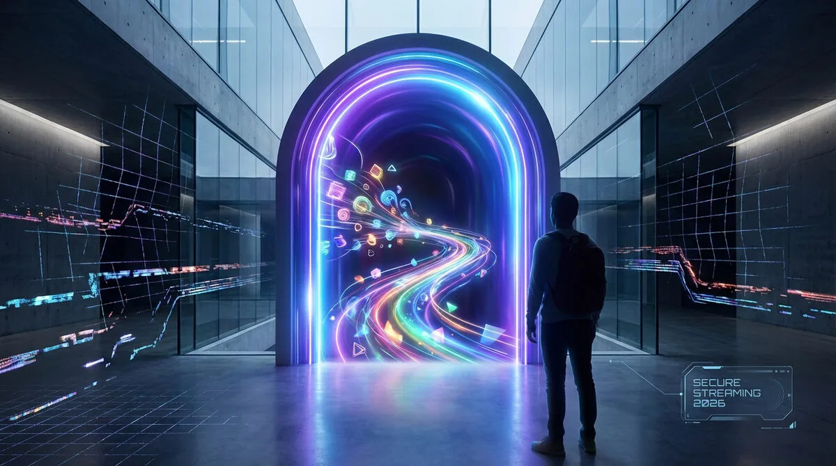Silhouette devant un portail futuriste brillant de flux de données colorés. Le texte "SECURE STREAMING 2026" est affiché.