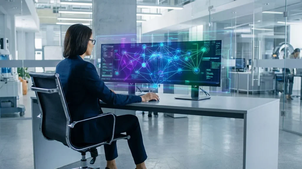 Une femme en costume assise devant un écran d'ordinateur affichant un réseau neuronal lumineux dans un bureau moderne.