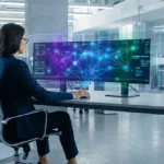 Une femme en costume assise devant un écran d'ordinateur affichant un réseau neuronal lumineux dans un bureau moderne.