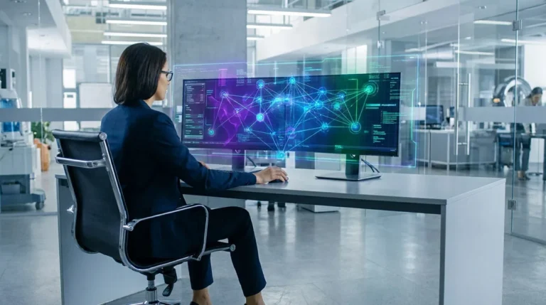 Une femme en costume assise devant un écran d'ordinateur affichant un réseau neuronal lumineux dans un bureau moderne.