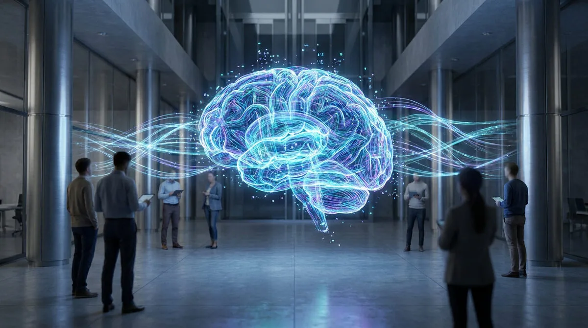 Un grand cerveau holographique bleu lumineux au centre d'une salle moderne, observé par des personnes, symbolise l'IA.