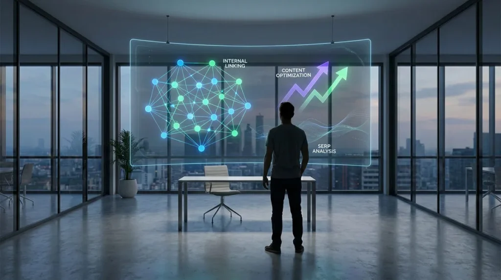 Un homme regarde un écran futuriste affichant des données SEO sur le maillage interne, l'optimisation et les résultats.