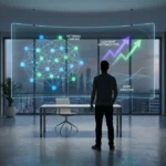 Un homme regarde un écran futuriste affichant des données SEO sur le maillage interne, l'optimisation et les résultats.