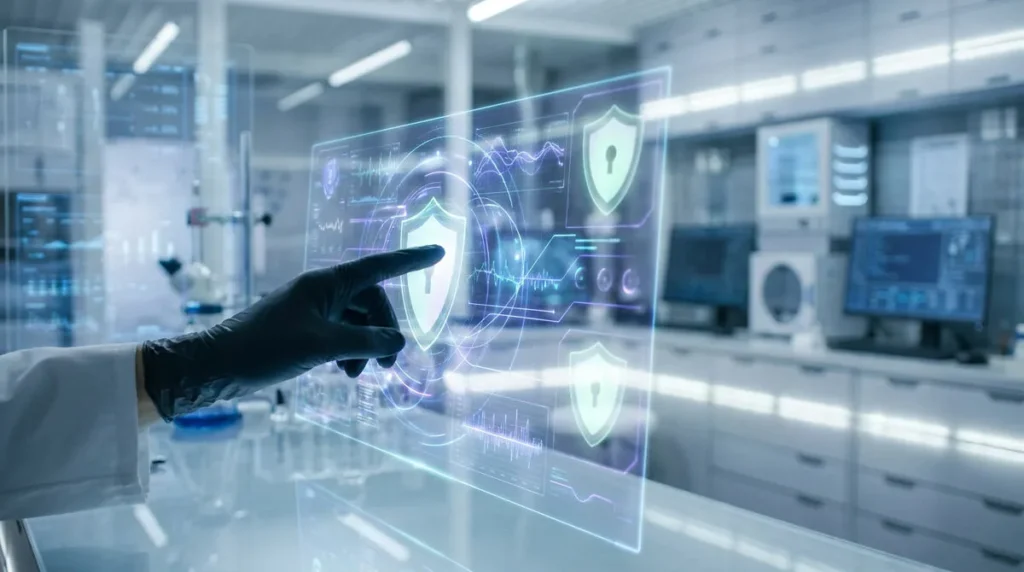 Un scientifique avec des gants interagit avec une interface numérique holographique affichant des symboles de sécurité.