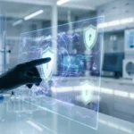 Un scientifique avec des gants interagit avec une interface numérique holographique affichant des symboles de sécurité.