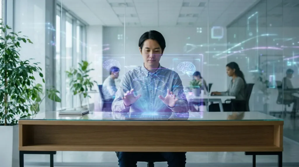 Un homme utilise une interface holographique futuriste avec des graphiques de cerveau dans un bureau moderne.